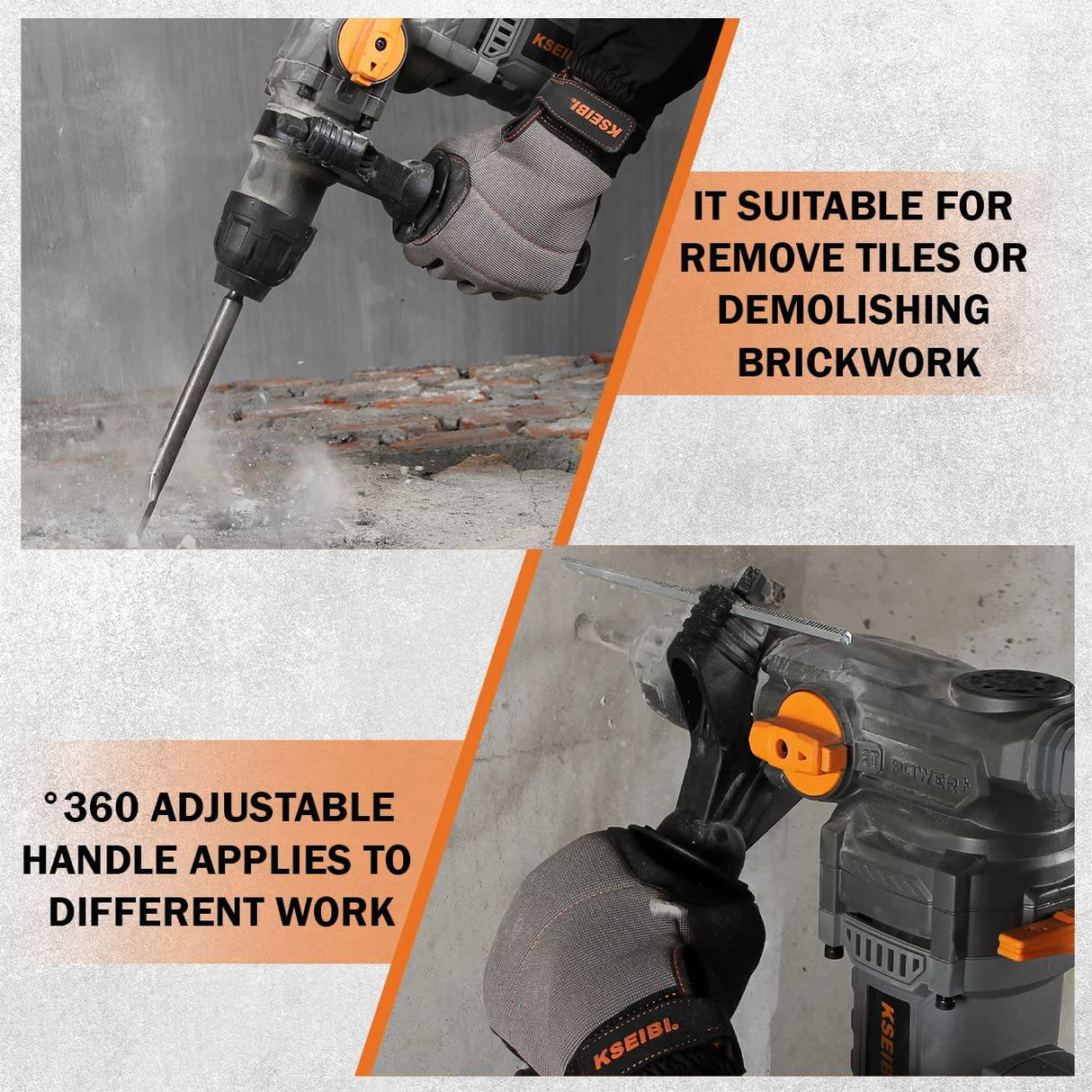 KSEIBI Taladro de martillo rotatorio de velocidad variable 1-1/4 pulgadas, martillo de demolición SDS Plus para taladro de hormigón 13 Amp, sistema de vibración reducida de 4 funciones - DIGVICE MX
