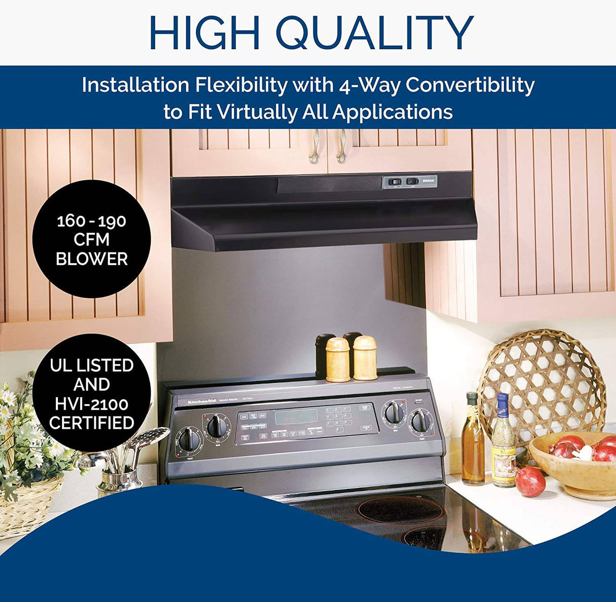 Broan-NuTone F403023 Ventilador de escape para debajo del gabinete Inserto de campana convertible de cuatro vías de dos velocidades con luz, 30 pulgadas, negro - DIGVICE MX
