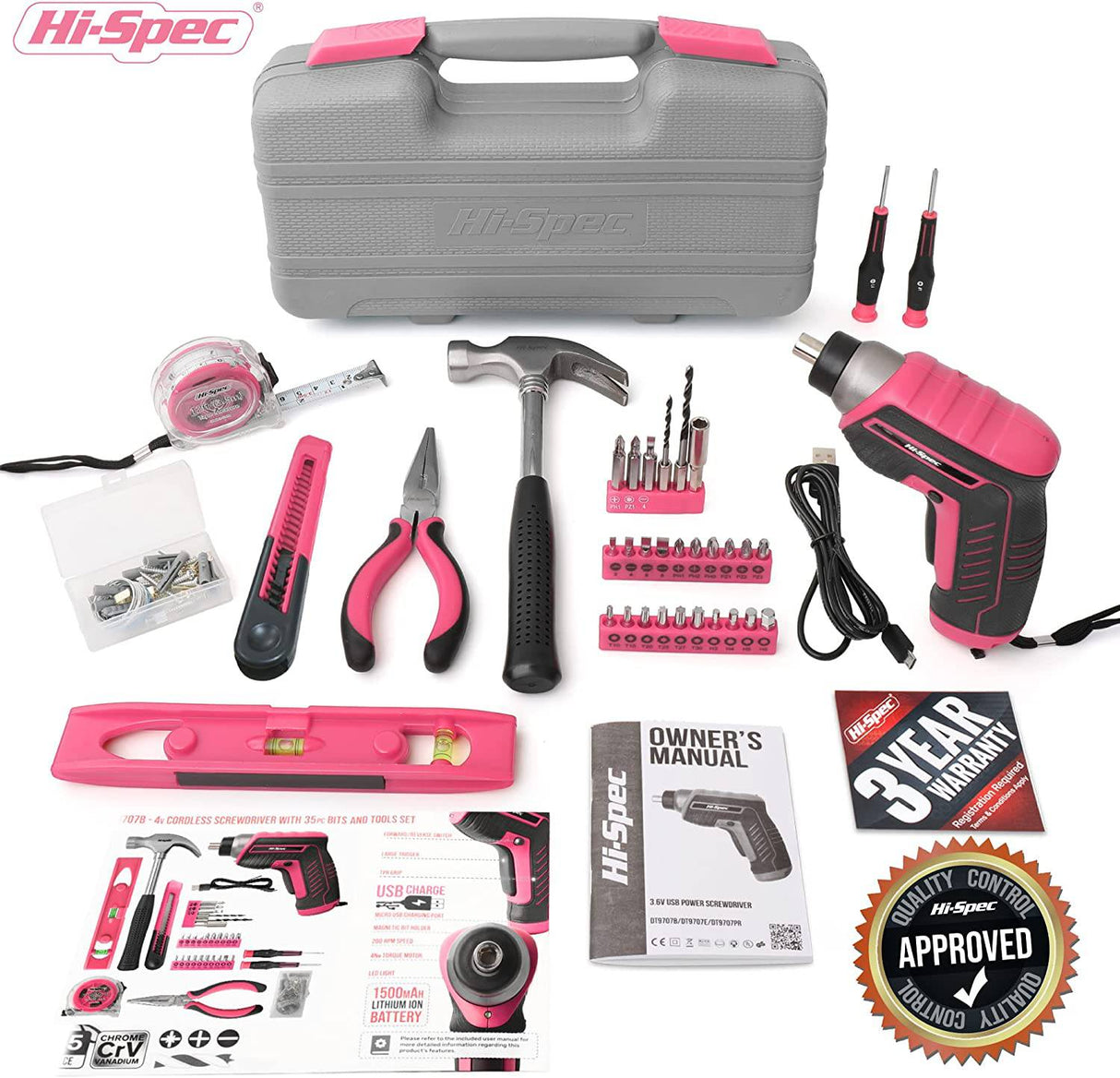 Juego de herramientas eléctricas inalámbricas de alta especificación, 35 piezas, pequeño, esencial, rosa, 3,6 V, destornillador de alimentación USB y kit de herramientas manuales - DIGVICE MX