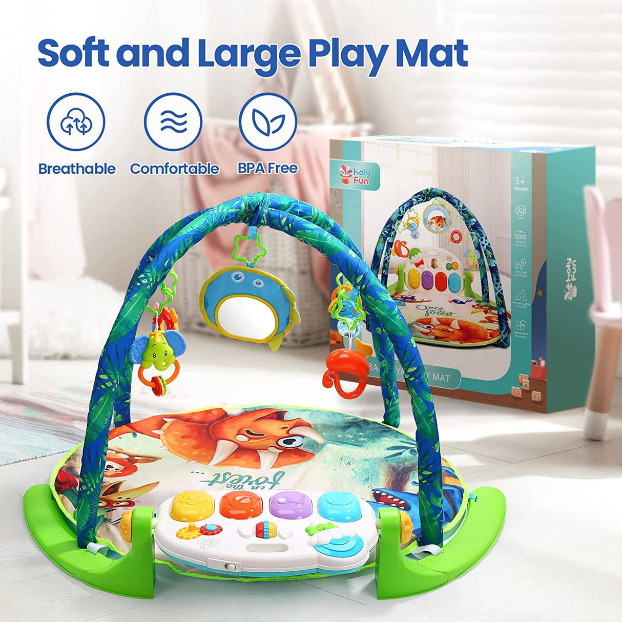 HOLYFUN Baby Gym Play Mat, Kick and Play Piano Gym con 5 juguetes sensoriales para morder, multifuncional Tummy Time Round Playmats, Centro de actividades musicales Regalo de desarrollo temprano para recién nacidos y niños pequeños - DIGVICE MX