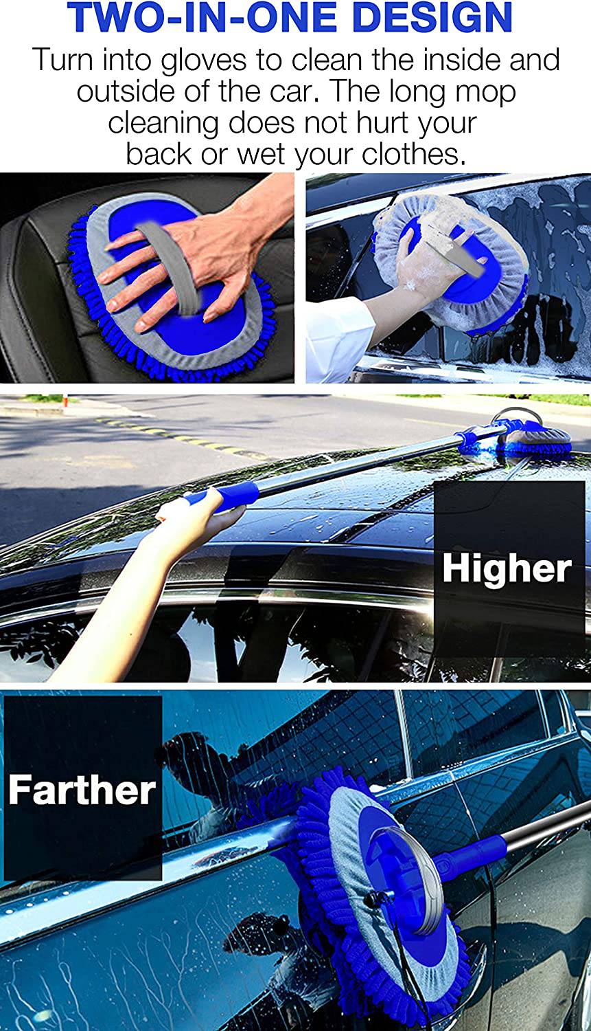 WillingHeart - Cepillo para lavado de autos de 47.5 in, herramienta de limpieza con mango largo para detalles de lavado, 2 en 1, esponja de microfibra de chenilla, plumero que no daña la pintura, sin arañazos