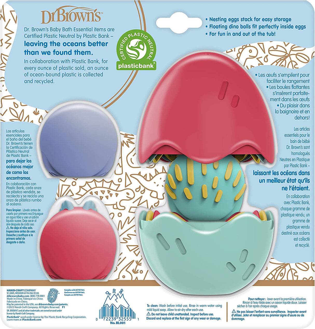 Dr. Brown's CleanUp Float & Hatch Dino Eggs Nesting Bath Toy, 6m+, libre de BPA, certificado neutro de plástico - BL001