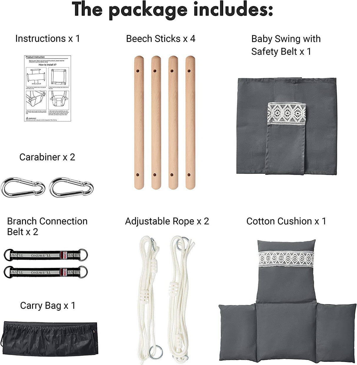 SUNDAYZE - Asiento columpio seguro para bebé con cinturón de seguridad - Silla columpio de lona y madera para bebé con cojín decorativo de encaje - DIGVICE MX