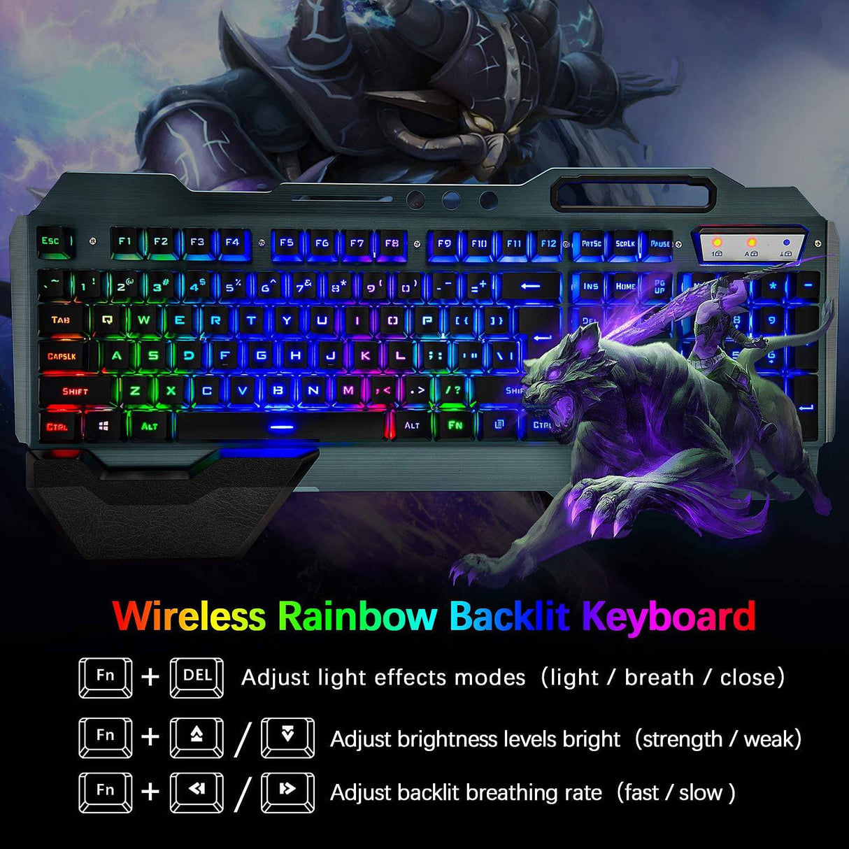 LexonElec - Teclado y ratón inalámbricos para juegos, ratón de teclado recargable con retroiluminación de arco iris con panel de metal de batería de 3800 mAh, teclado mecánico de reposamanos extraíble y ratón silencioso de 7 colores para jugadores de PC