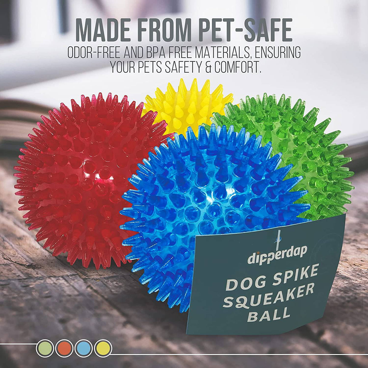 Dipperdap 4-Pack Squeaky Dog Toys 3.5" Spikey Dog Balls | Limpia los dientes para encías más sanas | Juguetes para perros no tóxicos sin BPA para masticadores agresivos | Bolas puntiagudas en rojo, azul, amarillo y verde - DIGVICE MX