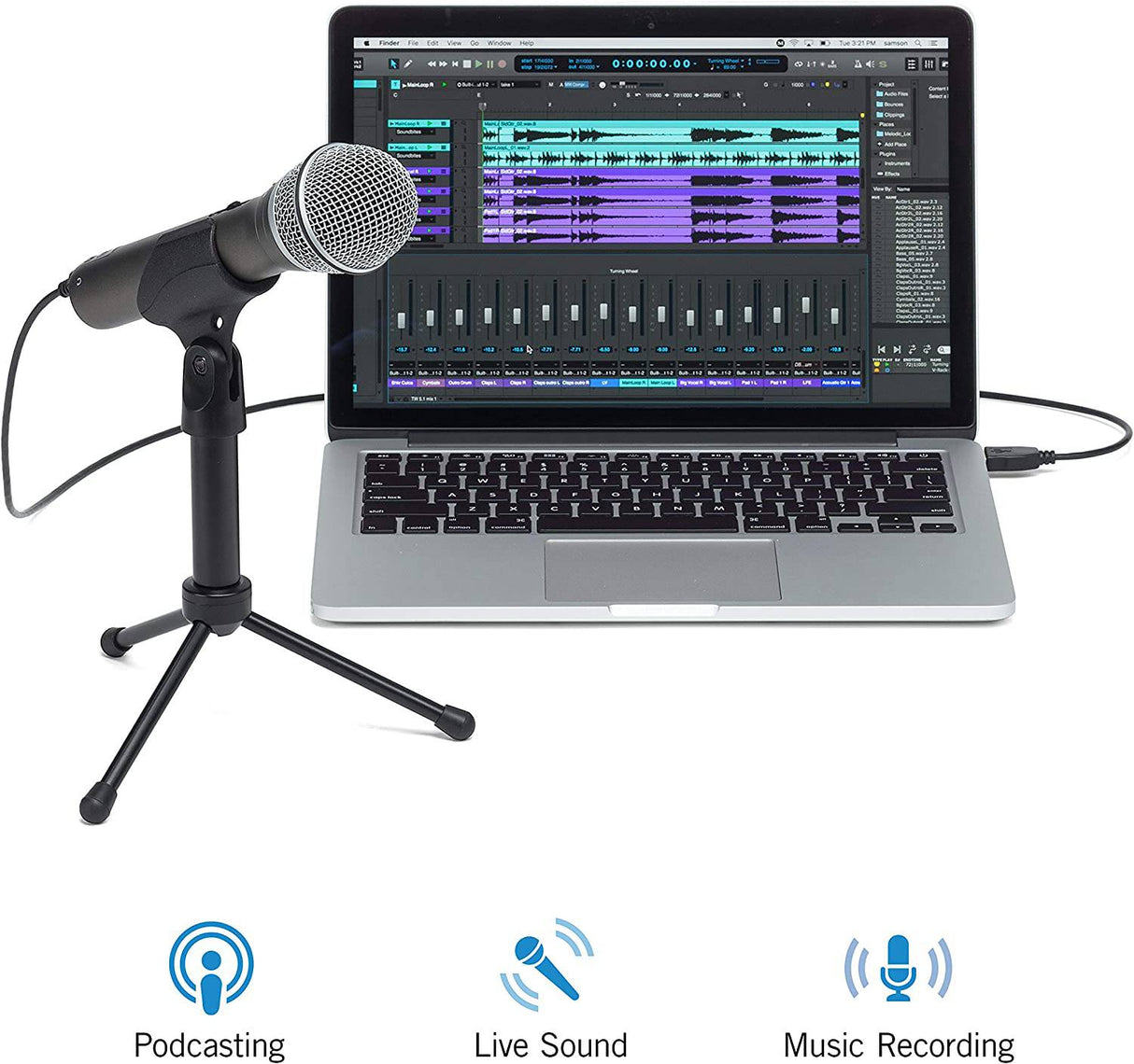 Samson Technologies Q2U USB/XLR Dynamic Microphone Recording and Podcasting Pack (incluye clip para micrófono, soporte de escritorio, parabrisas y cables), plateado
