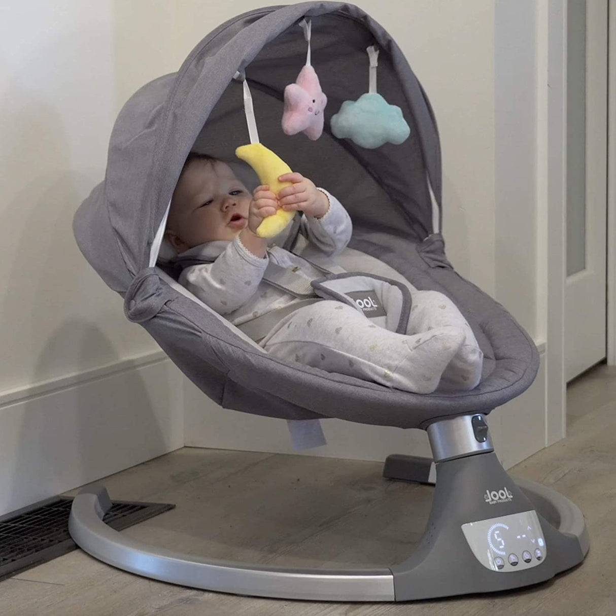 Nova Baby Swing para bebés - Columpio portátil motorizado, altavoz de música Bluetooth con 10 canciones de cuna preestablecidas, control remoto, gris - Jool Baby - DIGVICE MX