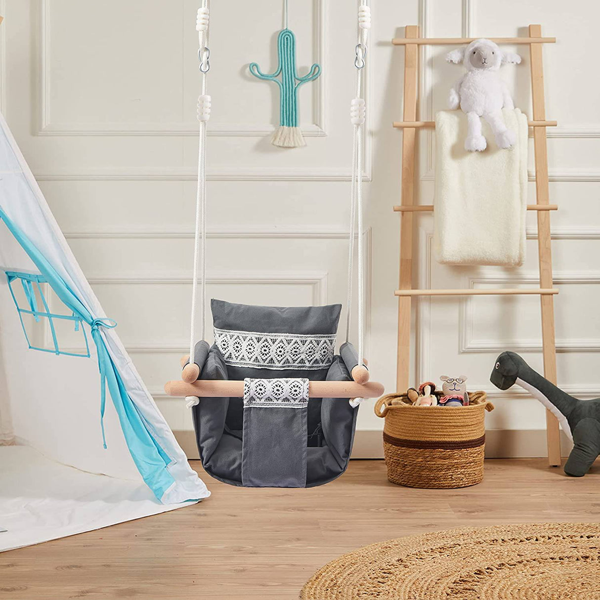 SUNDAYZE - Asiento columpio seguro para bebé con cinturón de seguridad - Silla columpio de lona y madera para bebé con cojín decorativo de encaje - DIGVICE MX