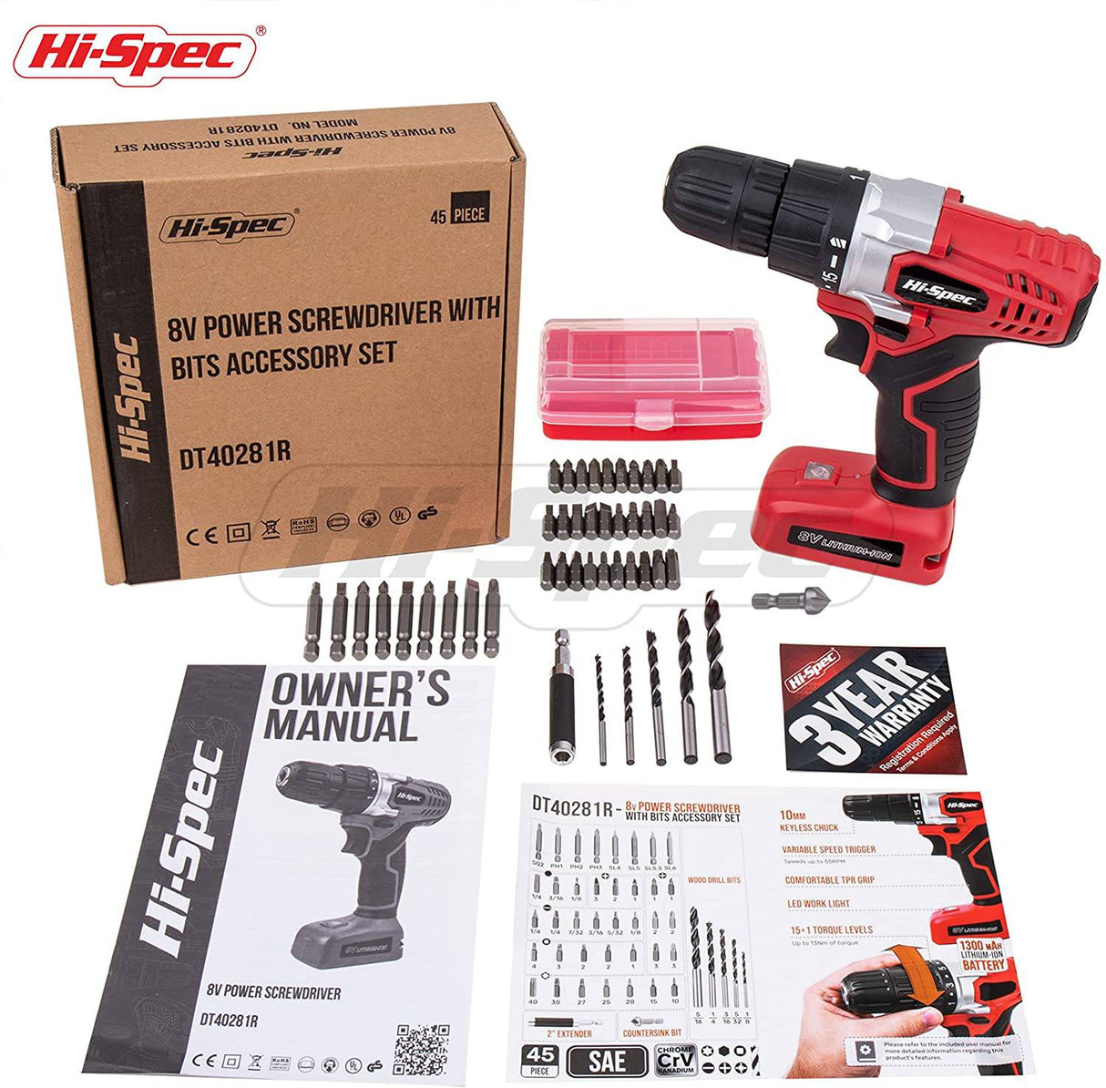 Destornillador eléctrico Hi-Spec de 45 piezas, rojo, 8 V, con juego de accesorios de brocas S2 para taladrado de madera eléctrico inalámbrico - DIGVICE MX