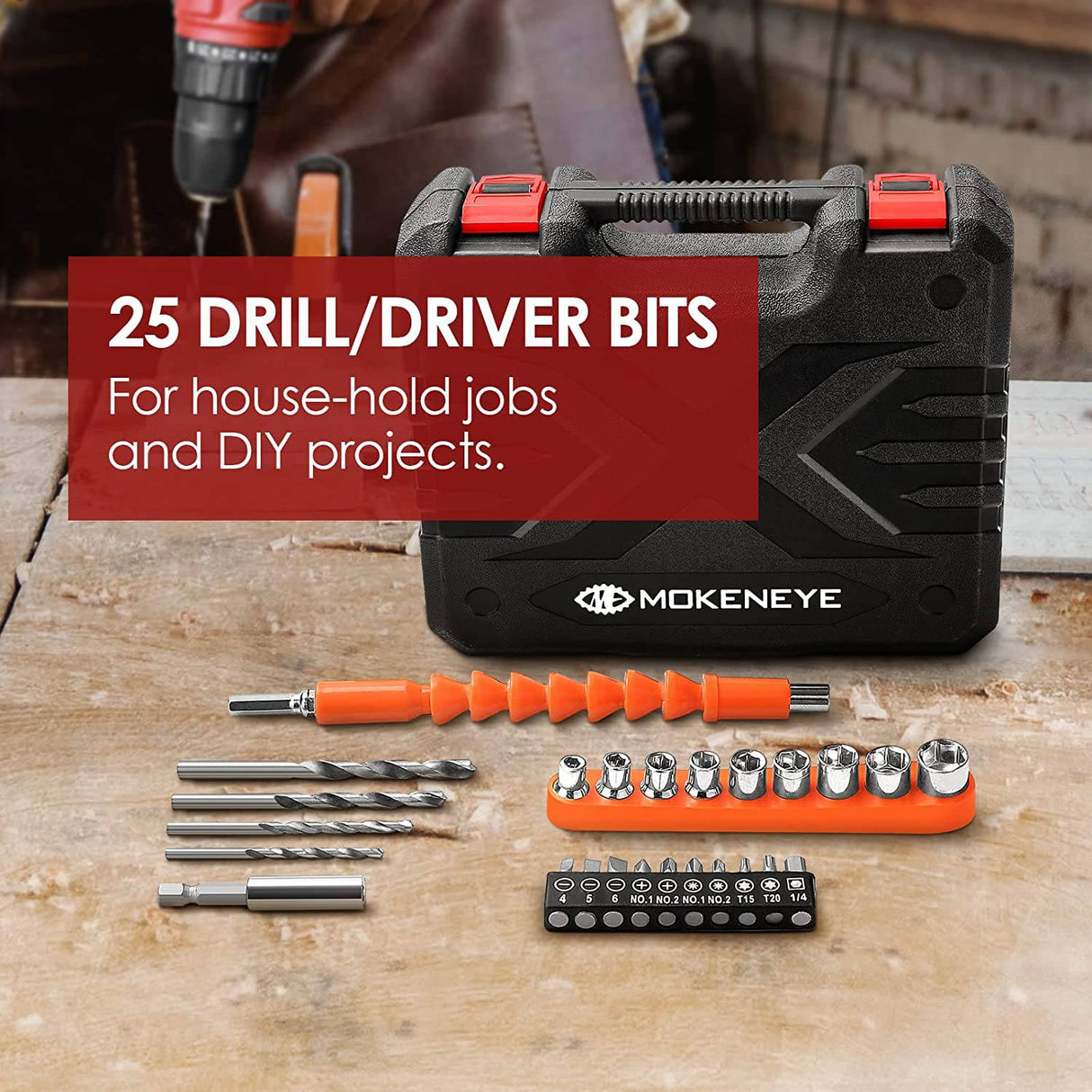 MOKENEYE - Kit de taladro inalámbrico de 20 V, taladro eléctrico con batería de iones de litio de 20 V, 2 velocidades variables, 25 + 1 posición, par de 320 pulgadas, portabrocas sin llave de 3/8 pulgadas, luz LED integrada - DIGVICE MX