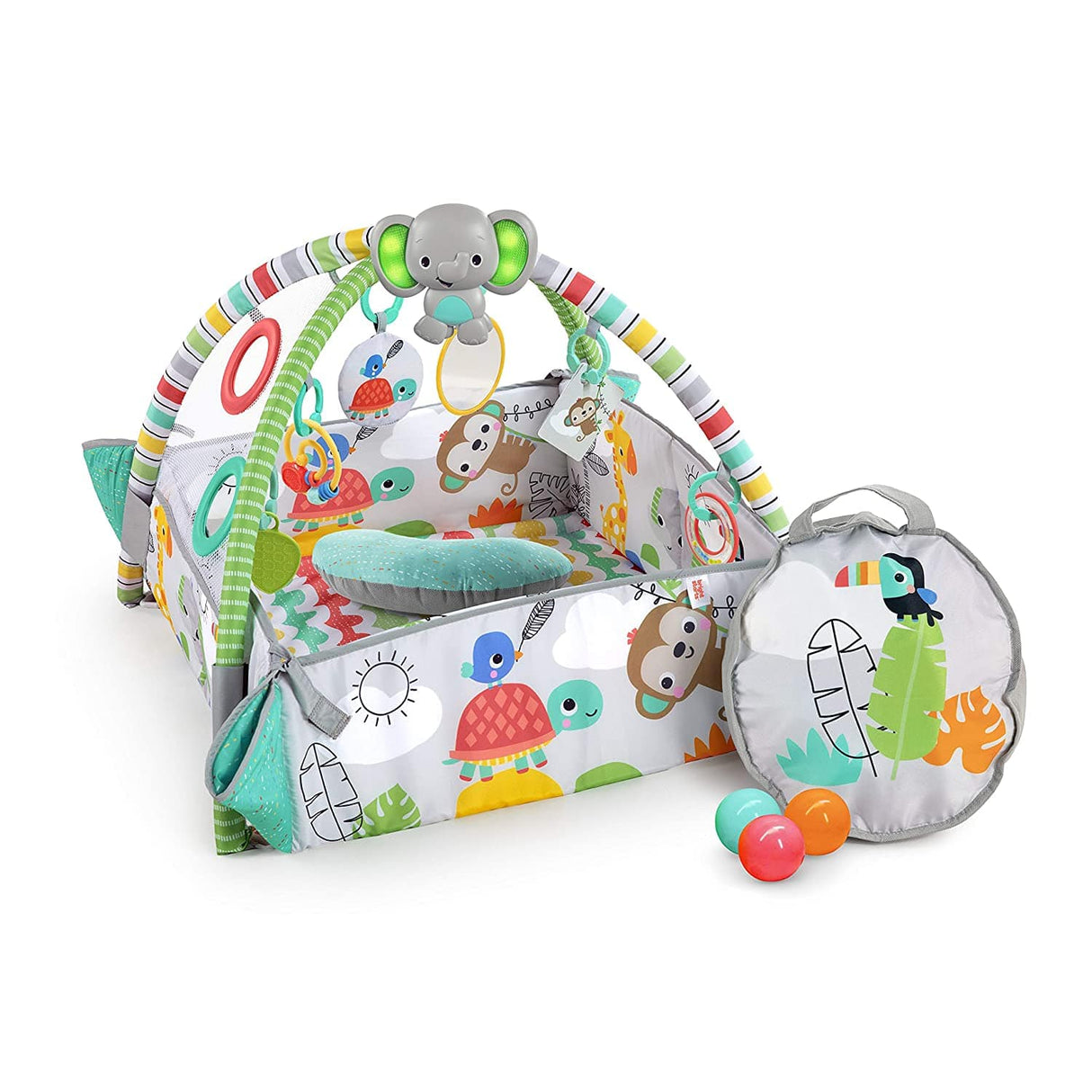 Bright Starts 5 en 1 Your Way Ball Play - Alfombra de juego gigante que se convierte en gimnasio para bebés Ball Pit, recién nacido a niño pequeño - Totalmente tropical (verde) - DIGVICE MX