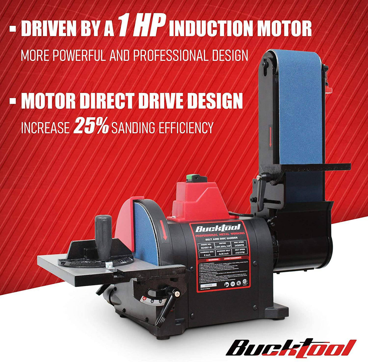 Lijadora de banda de banco profesional BUCKTOOL para metal 4 pulg. x 36 pulg. Lijadora de banda y disco de 8 pulg. Con motor de transmisión directa de 1HP, BD4802 - DIGVICE MX