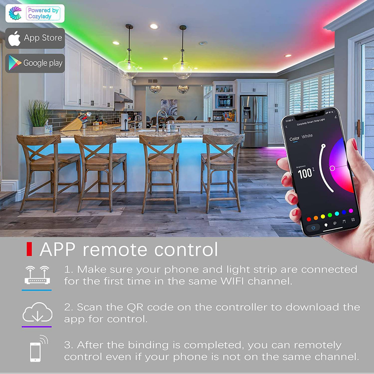 Cozylady Tira de luces LED WiFi de 65.6 pies, tiras de luces LED inteligentes compatibles con Alexa, Google Home, tira de luces LED de sincronización de música RGB inteligente. - DIGVICE MX