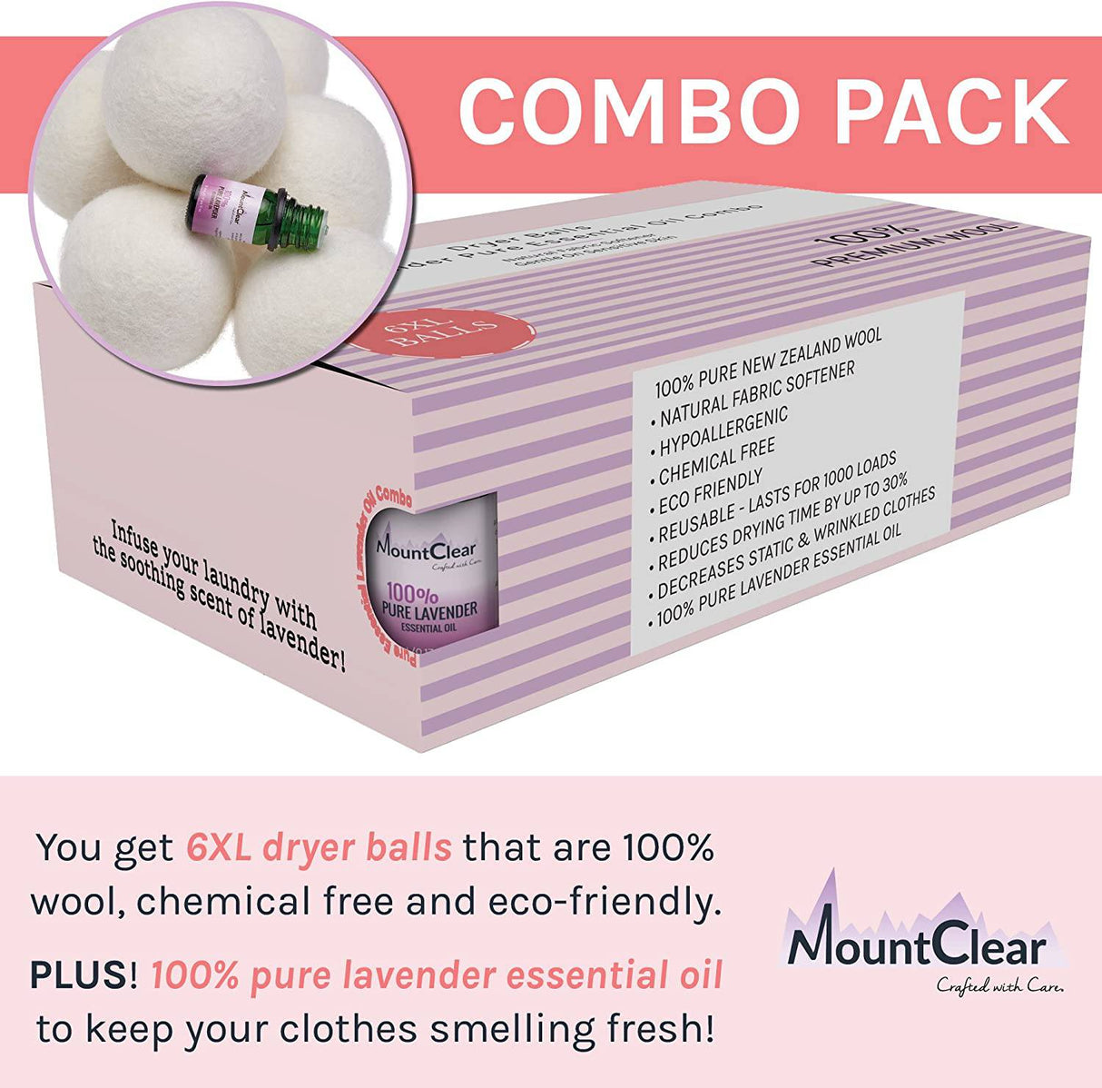 Mountclear Bolas de secadora de lana, suavizante de tela con aceite perfumado de lavanda, totalmente natural, libre de químicos e hipoalergénico, bolas de lavadora reutilizables - DIGVICE MX