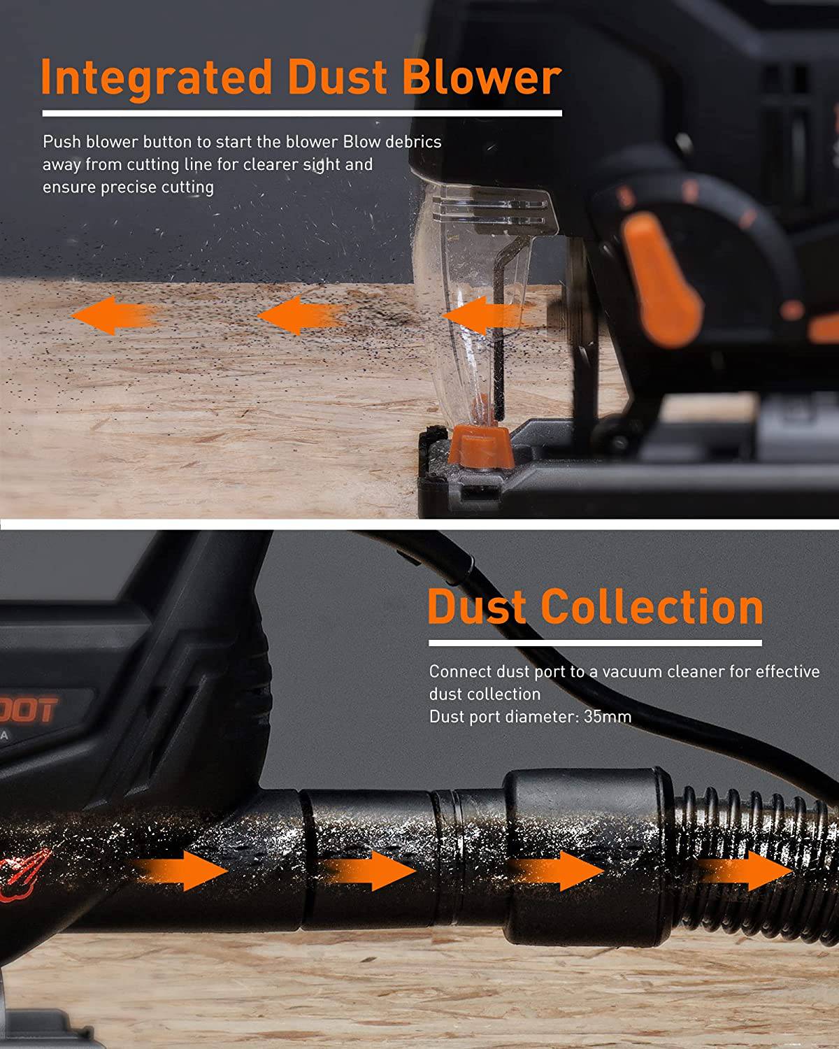 Sierra caladora ENGiNDOT de 6,7 amperios, 6 velocidades variables (800-3000 SPM) de 800 W con láser y LED, 4 juegos orbitales, 6 cuchillas, corte biselado de 45°, regla de escala, soplado de polvo para corte de madera, metal y plástico - DIGVICE MX