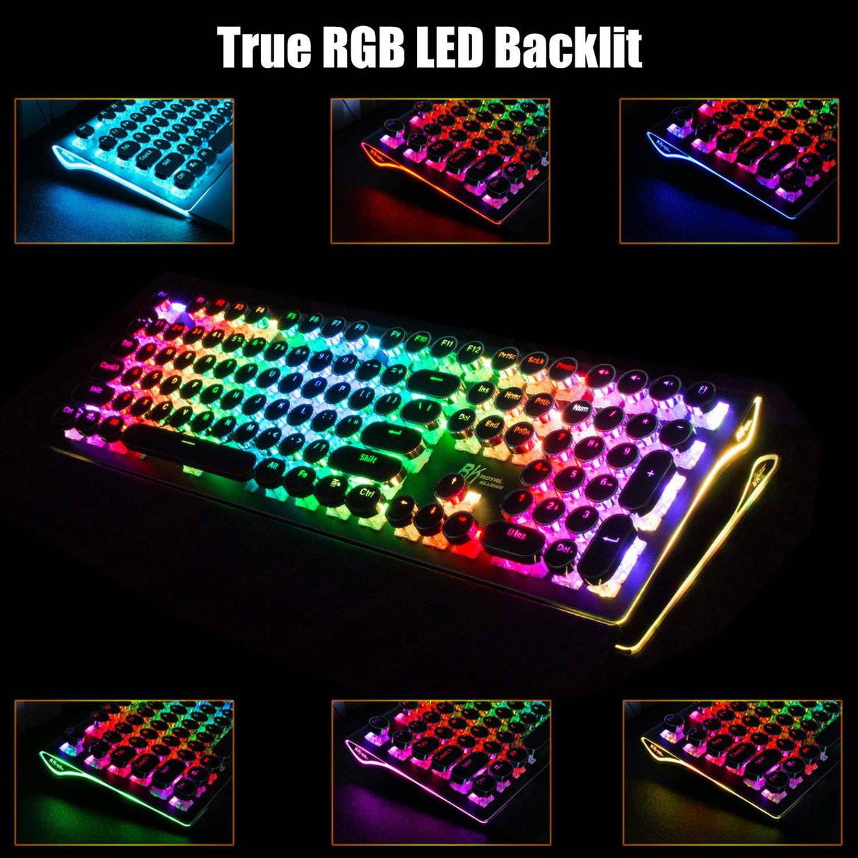 RK ROYAL KLUDGE Teclado mecánico para juegos estilo máquina de escribir con verdadero RGB retroiluminado Reposamuñecas plegable Interruptor azul de 108 teclas Tecla redonda retro - Negro