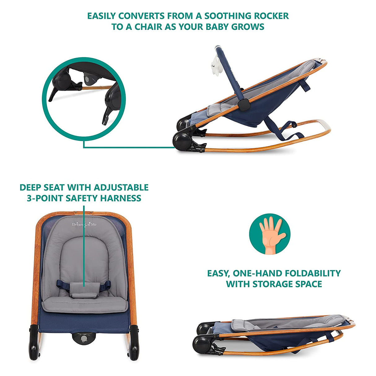 Dream on Me Rock with me Balancín y asiento estacionario 2 en 1 | Mecedora portátil compacta para bebés con barra de juguetes extraíble y juguetes colgantes en azul - DIGVICE MX