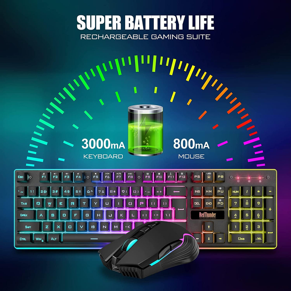 RedThunder K10 Combo de teclado y mouse inalámbricos para juegos, batería recargable con retroiluminación LED de 3800 mAh, teclado mecánico anti-fantasma + ratones 7D 3200DPI para PC Gamer (negro)