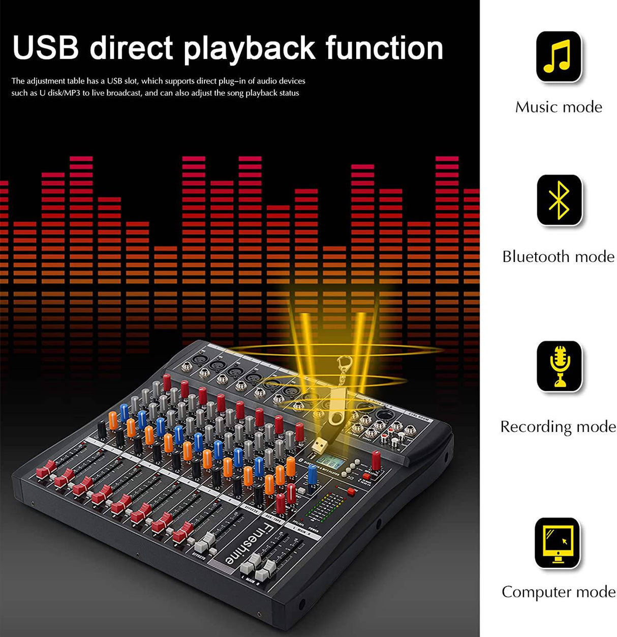 Fineshine Mezclador de audio de 12 canales Consola de mezcla de sonido con USB Bluetooth, entrada de grabación de PC, conector de micrófono XLR, alimentación de 48 V, entrada/salida RCA para profesionales y principiantes (12 canales)