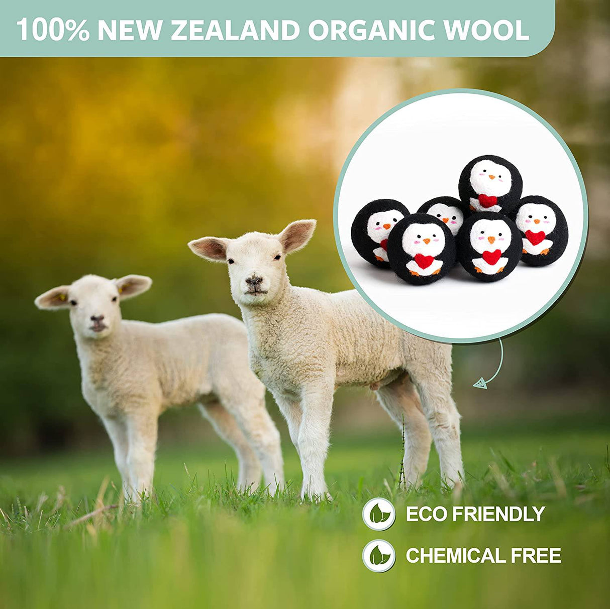 Calindiana - Bolas para secadora de lana de Nueva Zelanda 100% orgánicas de primera calidad, suavizante de tela reutilizable para la colada, bonita alternativa a las hojas de secadora, antiestático, tamaño XL, paquete de 6, pingüino negro - DIGVICE MX