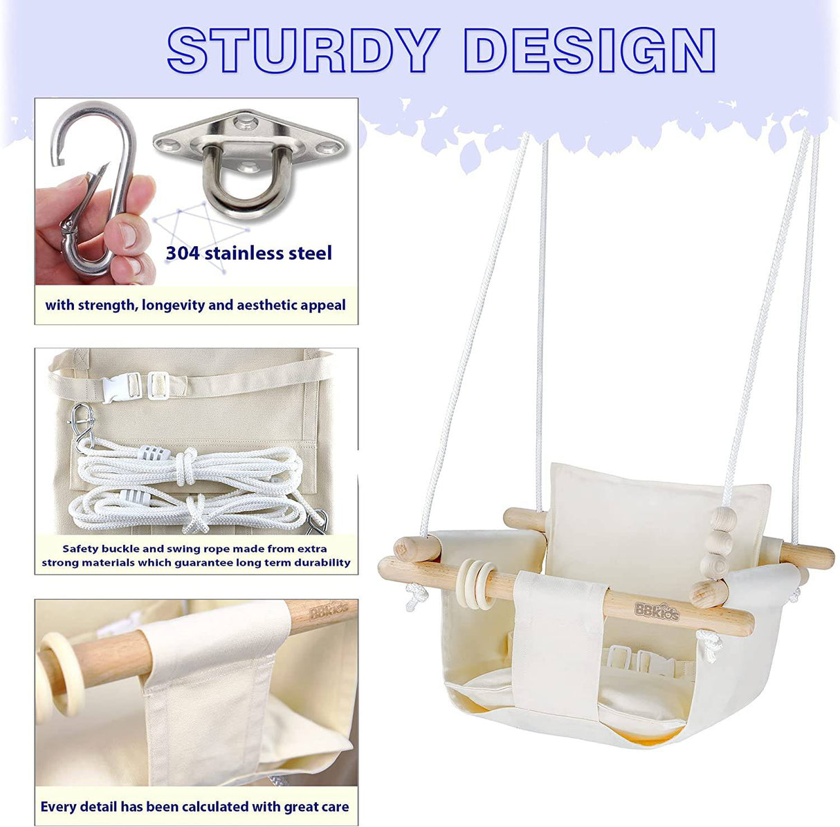 Columpio para bebé BBkids para exteriores e interiores, columpio colgante de lona para bebé, columpio para árbol de bebé para niños pequeños, madera de haya no mohosa, no maliciosa, juego completo de tornillos de techo (crema) - DIGVICE MX