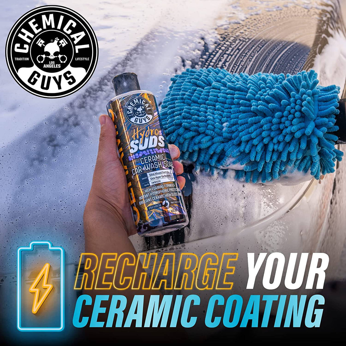 Chemical Guys CWS21216 HydroSuds Ceramic SiO2 Shine Jabón de lavado de autos de alta espuma (funciona con cañones de espuma, pistolas de espuma o lavados de cubos) 16 fl oz, aroma a bayas