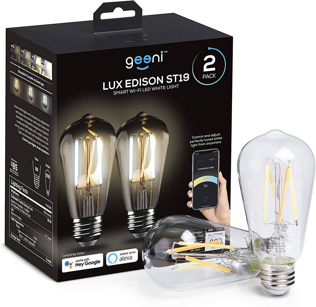 Geeni LUX Edison ST19 Edison WiFi LED Smart Bulb, 2700K - 6500K 8W, base E26, regulable, luz blanca sintonizable, compatible con Amazon Alexa y Google Home, no requiere concentrador, paquete de 2 - DIGVICE MX