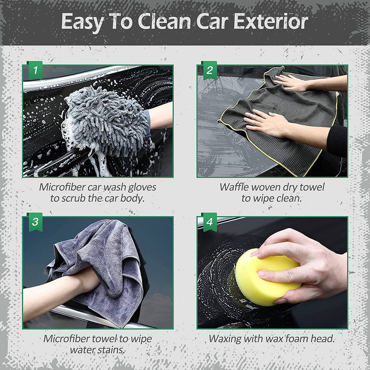 AURELIO TECH Kit Limpieza Coche 12 Piezas | Kit de lavado de autos con cubeta, cepillo con mango largo de 43'', manopla de lavado de autos, toallas de microfibra, cubeta plegable para detalles exteriores e interiores