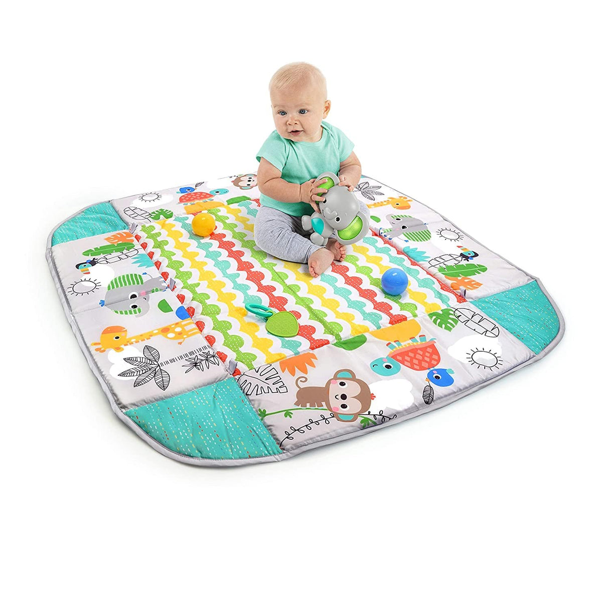 Bright Starts 5 en 1 Your Way Ball Play - Alfombra de juego gigante que se convierte en gimnasio para bebés Ball Pit, recién nacido a niño pequeño - Totalmente tropical (verde) - DIGVICE MX