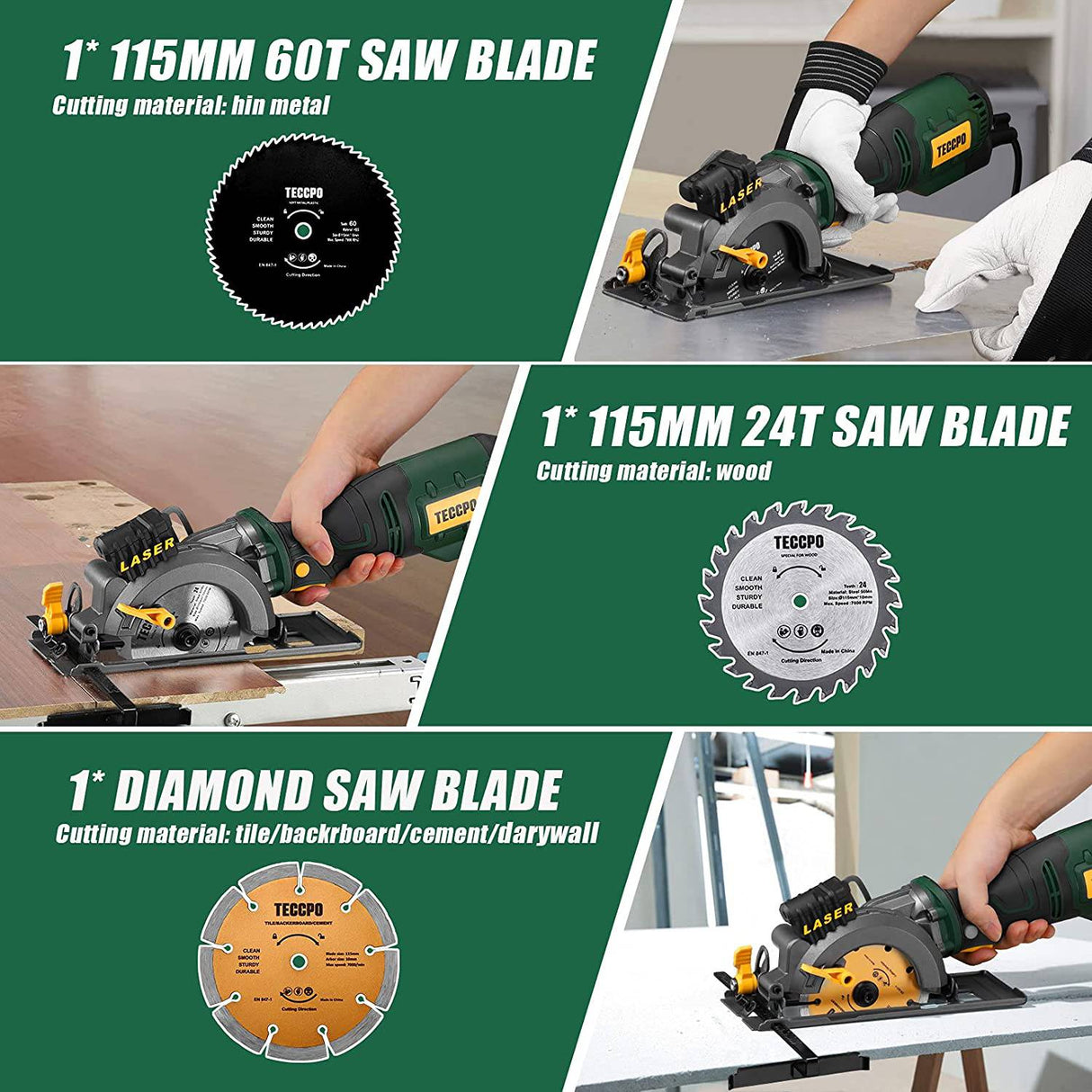 Minisierra circular, sierra circular TECCPO 5.8A con guía láser, motor de cobre fino, profundidad máxima de corte 1-11/16'' (90°), 1-1/8" (45°), 3 hojas para madera, metal blando , cortes de azulejos - TPMS115A - DIGVICE MX