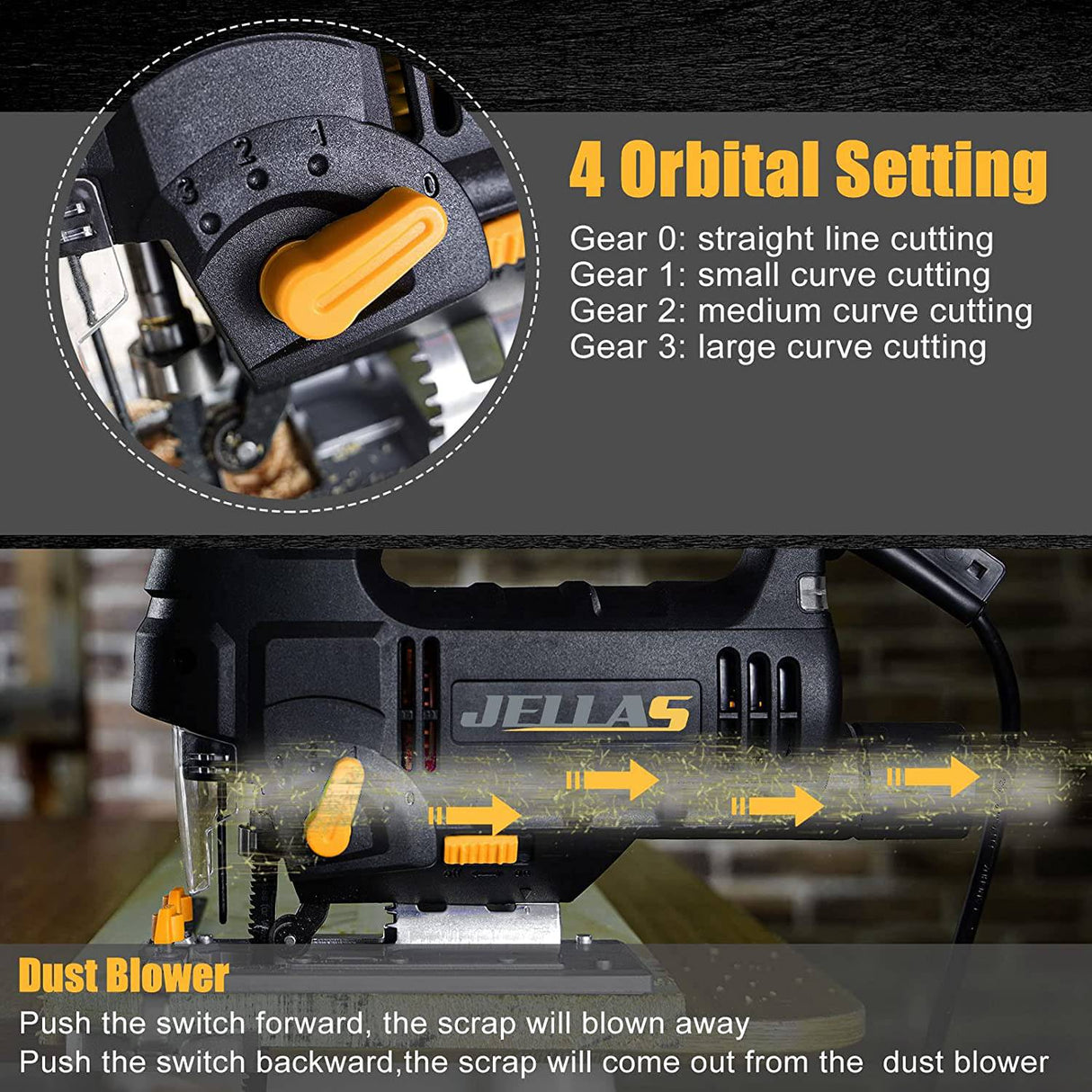 Jellas Sierra Caladora eléctrica de 6,7 amperios con luz LED, 10 hojas, sierra caladora de 800-3000 SPM, 6 velocidades variables, corte biselado de 0°-45°, 4 juegos orbitales, cable de CA de 3M - DIGVICE MX