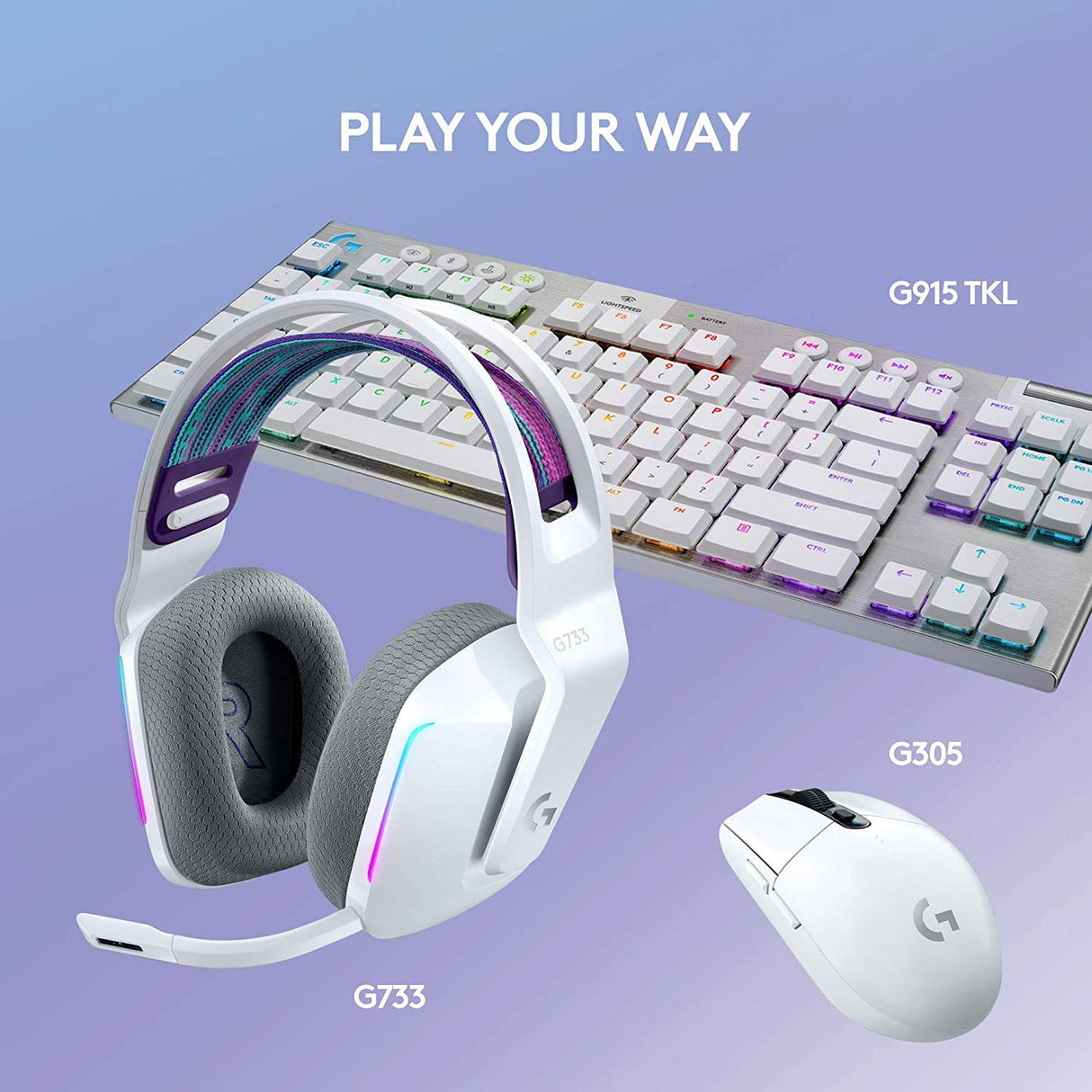Logitech G733 LIGHTSPEED Auriculares inalámbricos para juegos con diadema de suspensión, LIGHTSYNC RGB, tecnología de micrófono Blue VO!CE y controladores de audio PRO-G - Blanco