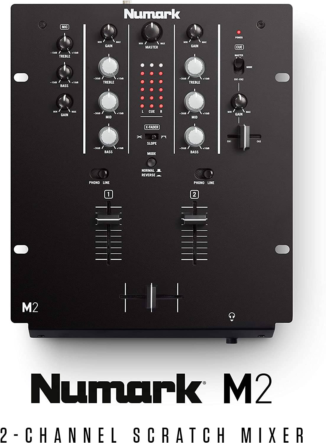 Numark M2 - Mezclador Scratch DJ de 2 canales, montaje en rack con ecualizador de 3 bandas, entrada de micrófono y crossfader reemplazable con controles de inversión y pendiente