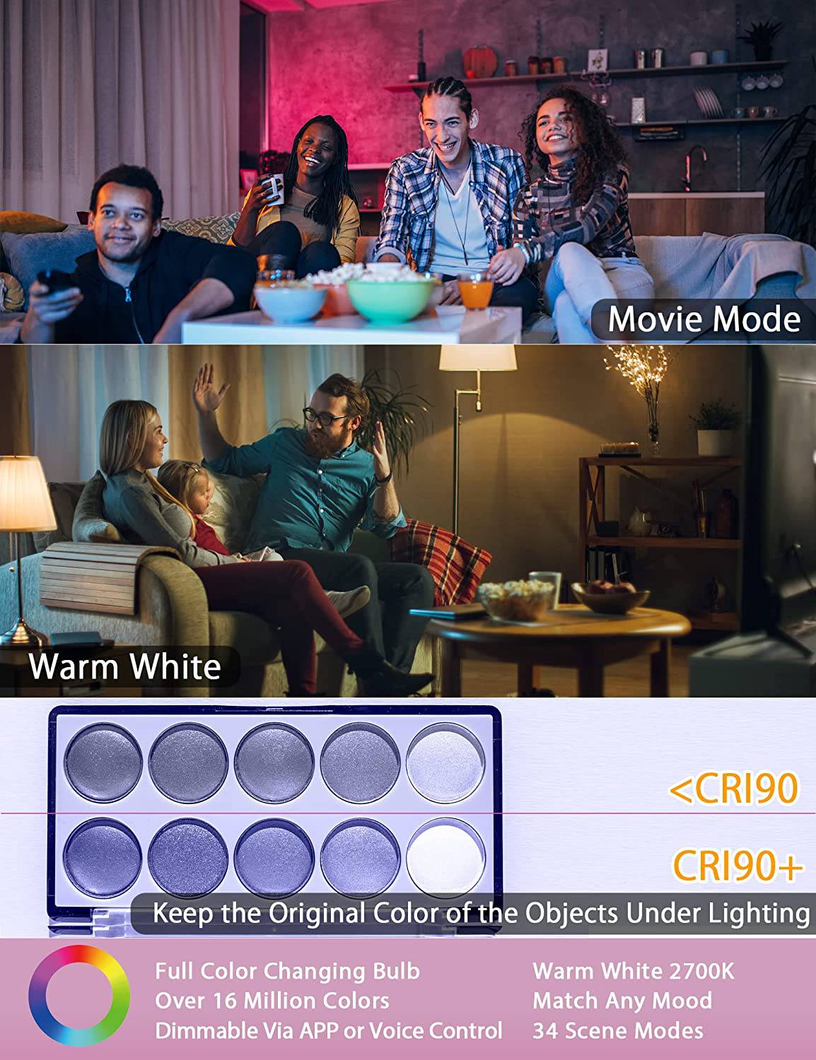 LUMIMAN - Bombillas de luz inteligente WiFi A19 Bombilla LED que cambia de color que funciona con Alexa Siri Google Home E26 2700K-6500K Bombilla de luces RGB regulable 800 lúmenes No requiere concentrador Paquete de 6 - DIGVICE MX