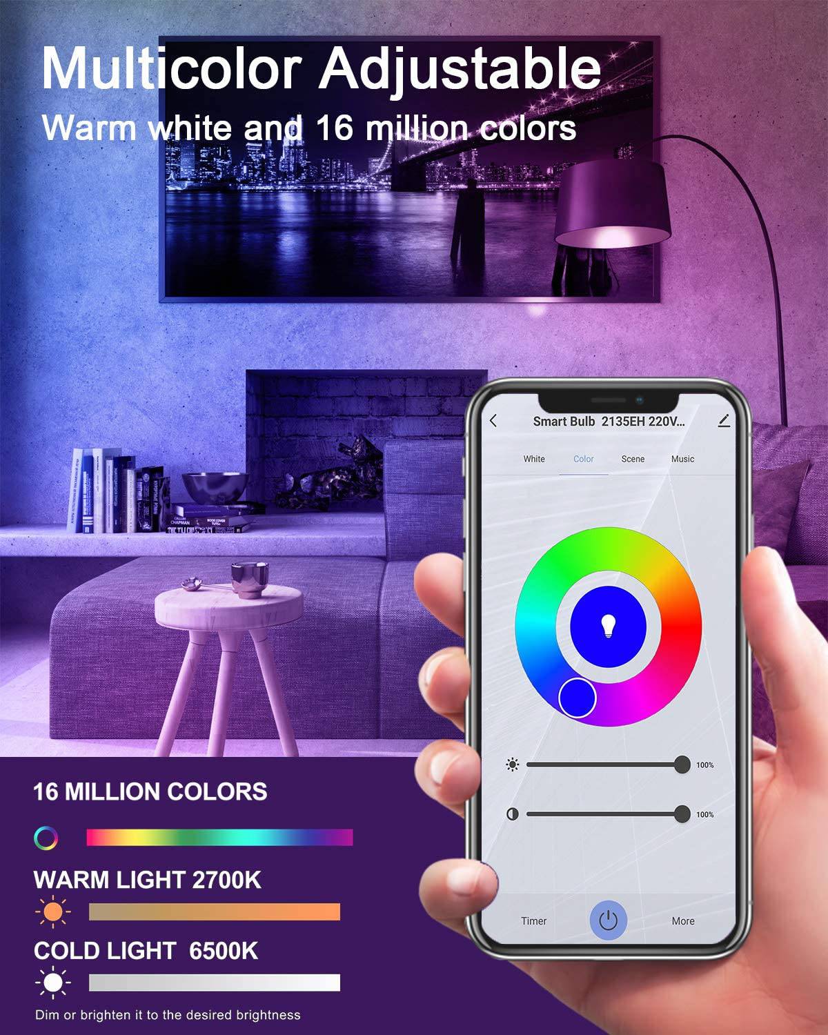 DOGAIN Bombillas inteligentes E26 Base A15 LED RGB Regulable Bombilla que cambia de color Compatible con Alexa Google Home WiFi Luces multicolores 6W (equivalente a 40W) 500LM (solo 2.4GHz) Paquete de 4 - DIGVICE MX