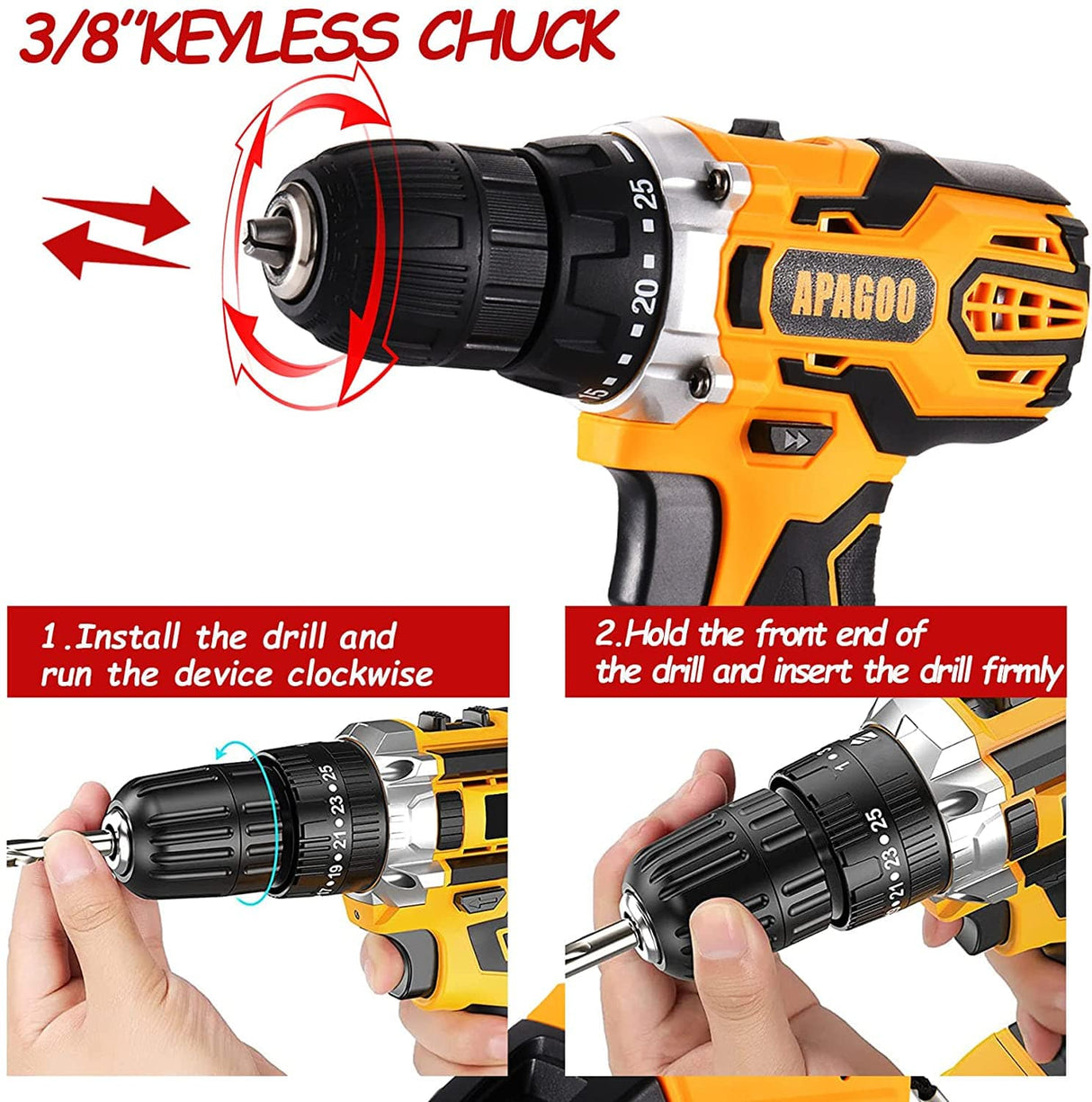 APAGOO Juego de brocas inalámbricas de 20 V, 30 unidades, 2 baterías de 2.0 Ah de 310 libras con ajuste de par de 25+2, taladro eléctrico sin llave de 3/8 pulgadas para metal, madera, perforación de azulejos de cerámica - DIGVICE MX