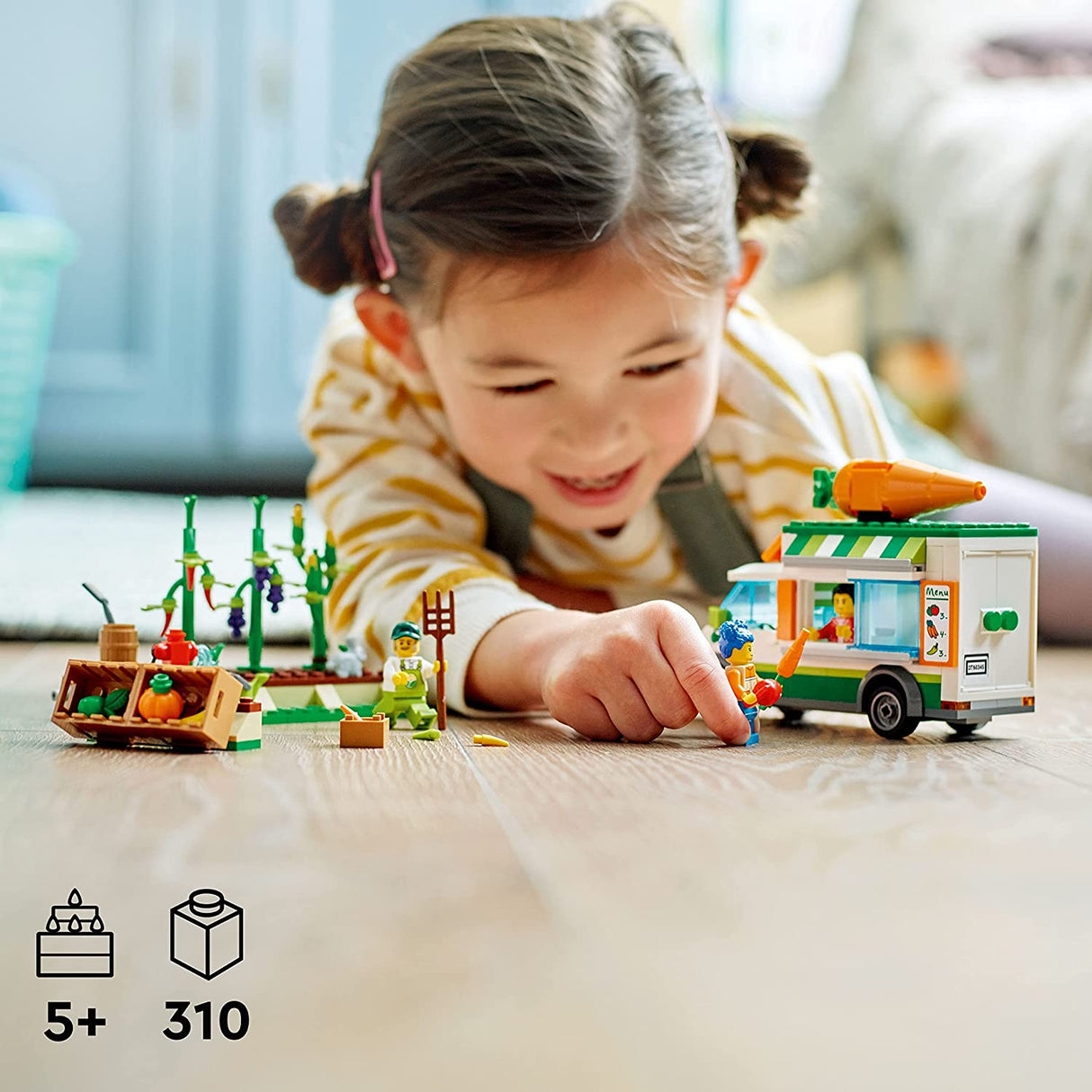 LEGO City Farmers Market Van 60345 Juego de juguetes de construcción para niños, niños y niñas a partir de 5 años Juego de tienda de granja móvil con 3 minifiguras (310 piezas)