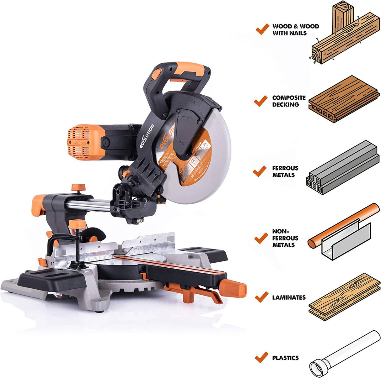 Evolution Power Tools R255SMSDB sierra ingletadora compuesta deslizante de doble bisel multimaterial de 10" - DIGVICE MX
