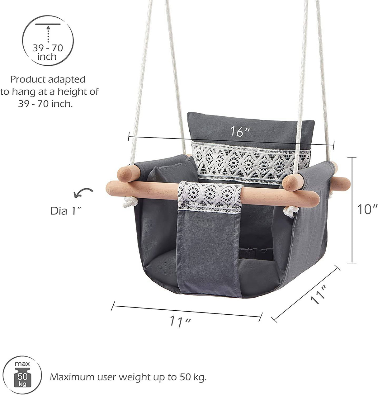 SUNDAYZE - Asiento columpio seguro para bebé con cinturón de seguridad - Silla columpio de lona y madera para bebé con cojín decorativo de encaje - DIGVICE MX