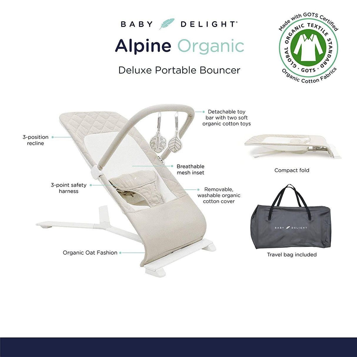 Baby Delight Alpine Deluxe Hamaca portátil para bebés - 100 % tela de algodón orgánico con certificado GOTS, avena orgánica - DIGVICE MX