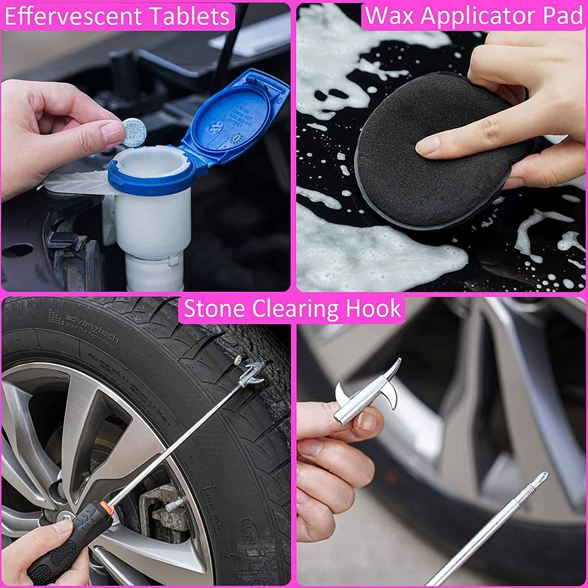 FORCAR - Juego de 29 herramientas de limpieza para coche con fregona de cepillo de mango largo de 41 pulgadas, raspador de agua extensible para ventana de barra larga, manopla de lavado, toallas grandes, caja de almacenamiento color rosa