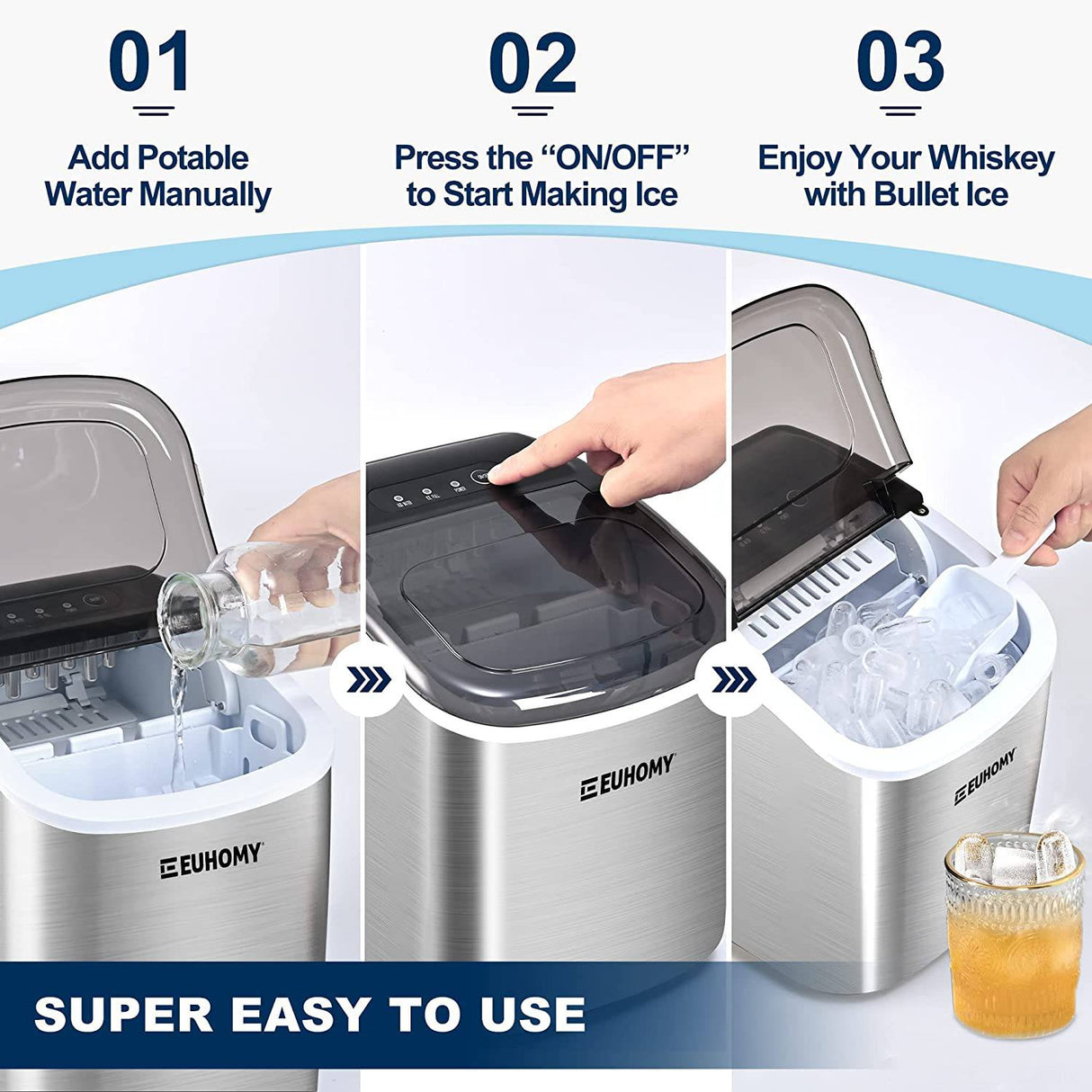 EUHOMY - Máquina para hacer hielo con asa, 26 lb/24 horas, 9 cubitos de hielo tipo bala listos en 6 minutos, limpieza automática, portátil con cesta y pala - DIGVICE MX