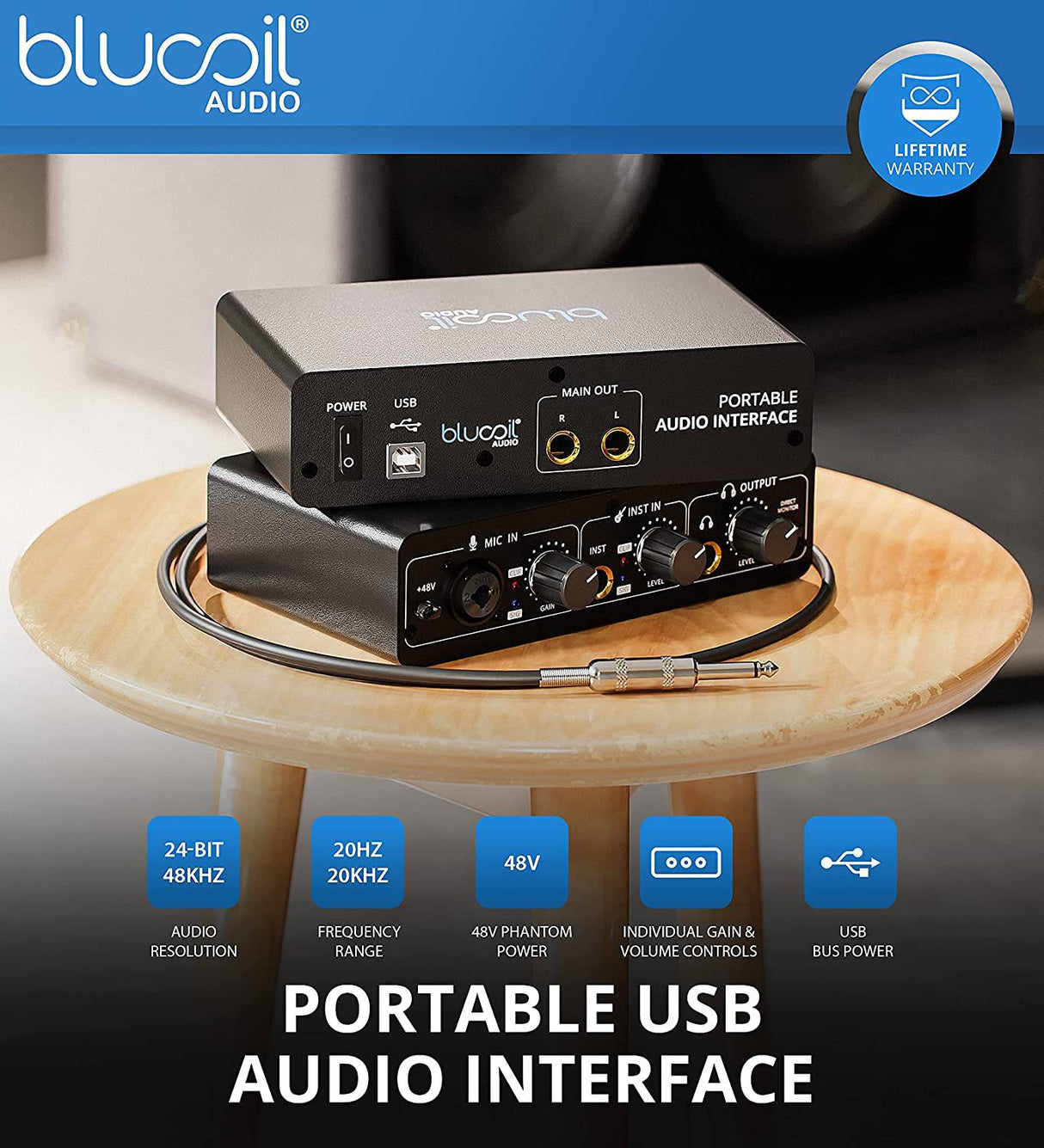 Blucoil - Interfaz de audio USB portátil con alimentación fantasma de 48 V, alimentación de bus USB, monitoreo directo de baja latencia para grabación de estudio en casa, transmisión, juegos y podcasting en Windows y Mac
