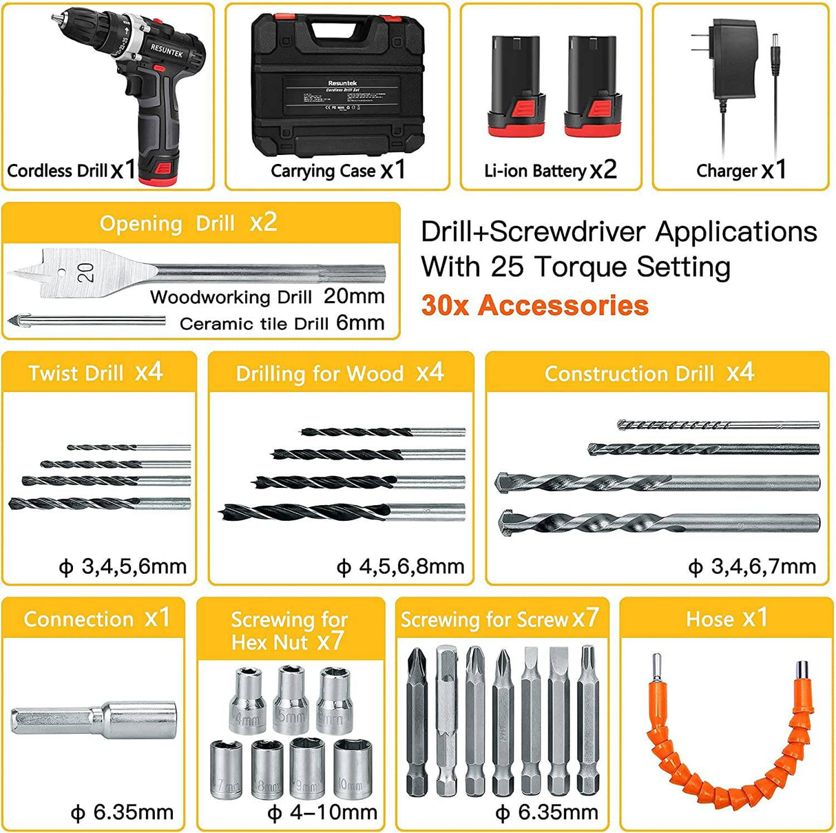 FEEYOO - Juego de taladro inalámbrico con 2 baterías, 12.8V 28Nm potente destornillador eléctrico conjunto de 31 piezas (2x3900mAh baterías, 2 velocidades, 25+1 embrague, 0.394 in mandril automático, luz LED incorporada) para proyectos de bricolaje - DIGVICE MX