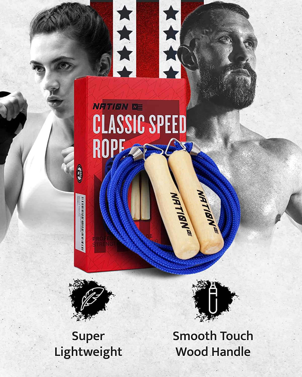 WOD Nation - Cuerda de saltar de algodón con mango de madera, cuerda de saltar larga ajustable para hombres, mujeres y niños