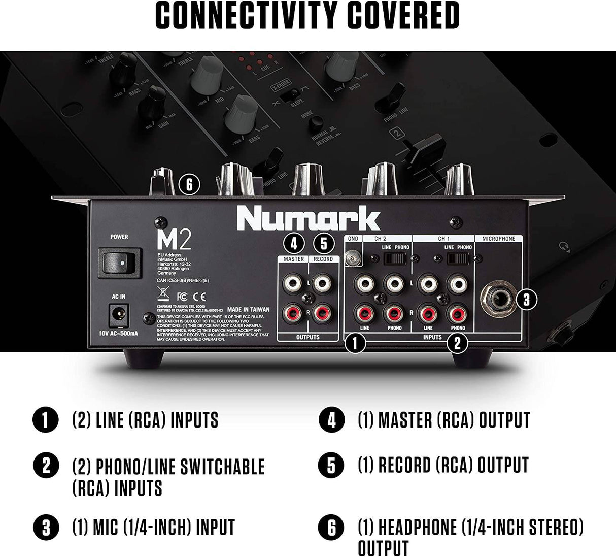 Numark M2 - Mezclador Scratch DJ de 2 canales, montaje en rack con ecualizador de 3 bandas, entrada de micrófono y crossfader reemplazable con controles de inversión y pendiente