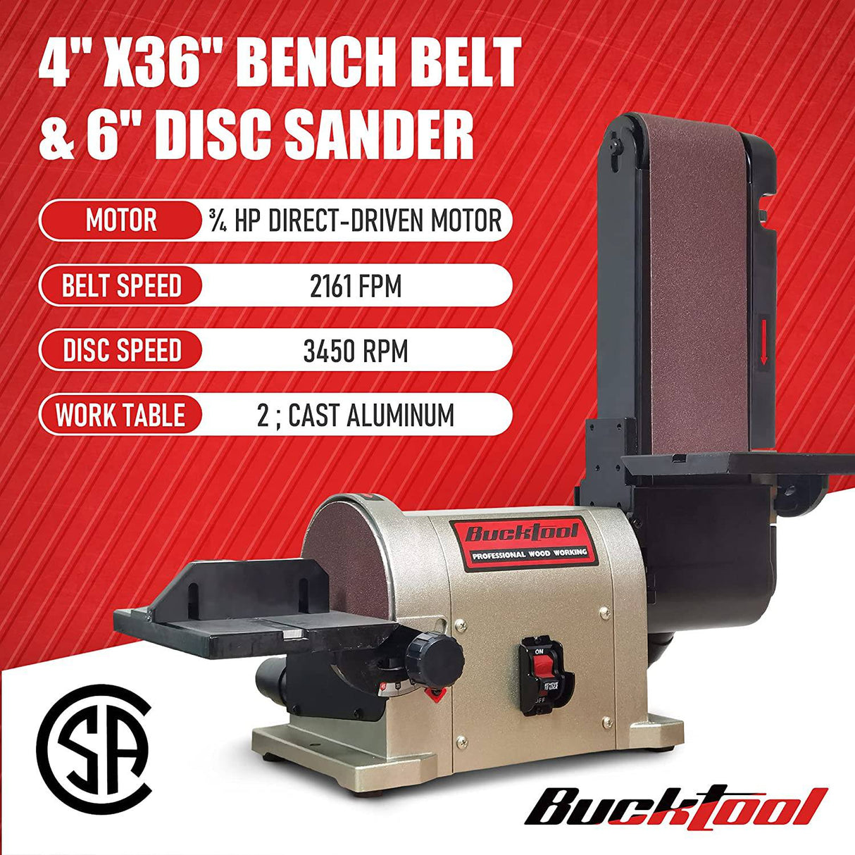Lijadora de disco de correa BUCKTOOL de 4 x 36 pulgadas y lijadora de disco de 6 pulgadas con motor de accionamiento directo de 3/4HP y base Al portátil, modelo actualizado BD4603 - DIGVICE MX