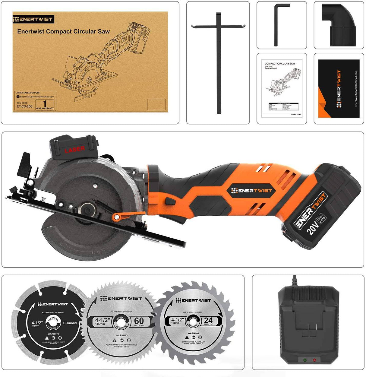 Sierra circular inalámbrica EnerTwist de 20 V máx. de 4-1/2" con batería de litio de 4,0 Ah y cargador, incluye láser y guía paralela, hojas de corte multifunción de metal blando de plástico para madera, adaptador de aspiradora, ET-CS-20C... - DIGVICE MX