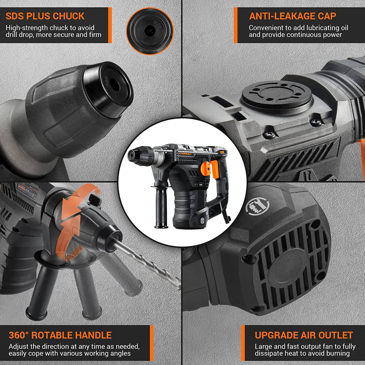 ENGiNDOT Taladro percutor rotatorio de 12,5 amperios, 1-1/4 pulgadas SDS-Plus 4 en 1 Taladro percutor multifuncional de servicio pesado, embrague de seguridad, portabrocas, - DIGVICE MX