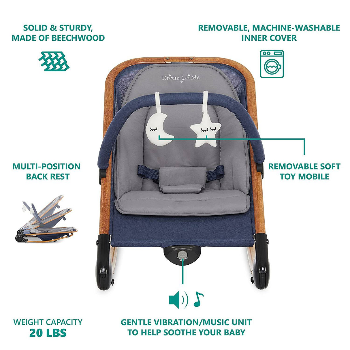 Dream on Me Rock with me Balancín y asiento estacionario 2 en 1 | Mecedora portátil compacta para bebés con barra de juguetes extraíble y juguetes colgantes en azul - DIGVICE MX